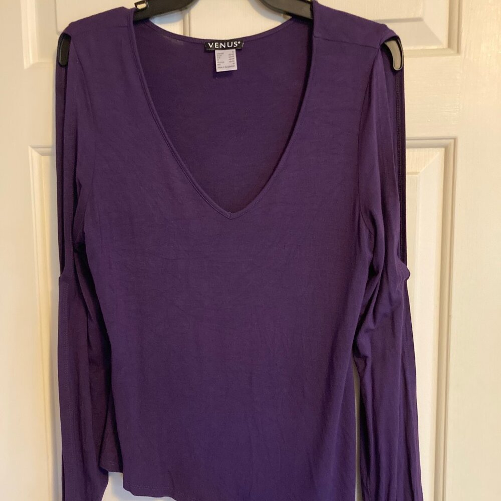 Venus Long Sleeve, Cold Shoulder, Purple Color, Longer On One Side. Size Medium